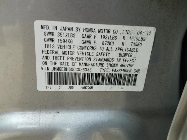 JHMGE8H60CC026333 - 2012 HONDA FIT SPORT SILVER photo 10