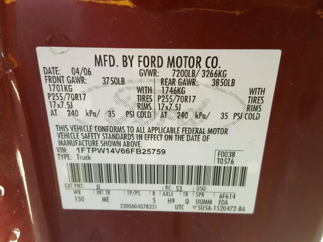 1FTPW14V66FB25759 - 2006 FORD F150 SUPER MAROON photo 10