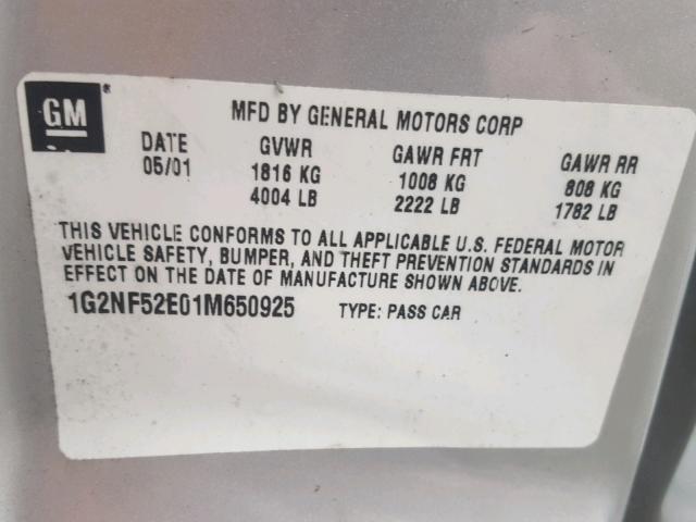 1G2NF52E01M650925 - 2001 PONTIAC GRAND AM S SILVER photo 10