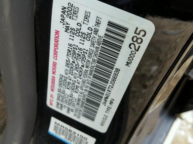 JA4MW31R72J066938 - 2002 MITSUBISHI MONTERO XL BLACK photo 10