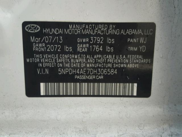 5NPDH4AE7DH306584 - 2013 HYUNDAI ELANTRA GL WHITE photo 10