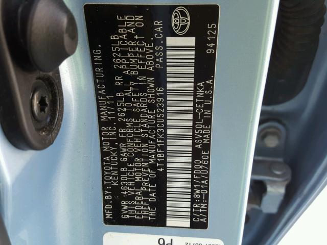 4T1BF1FK3CU523916 - 2012 TOYOTA CAMRY BASE BLUE photo 10