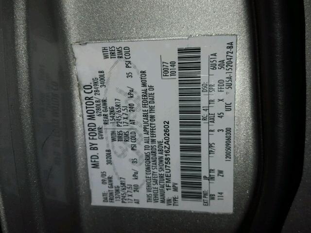 1FMEU75816ZA02602 - 2006 FORD EXPLORER L SILVER photo 10