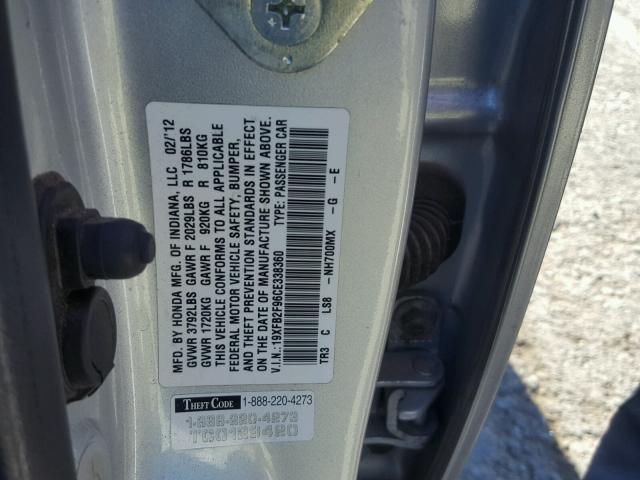 19XFB2F96CE338360 - 2012 HONDA CIVIC EXL Srebrny zdjęcie 10