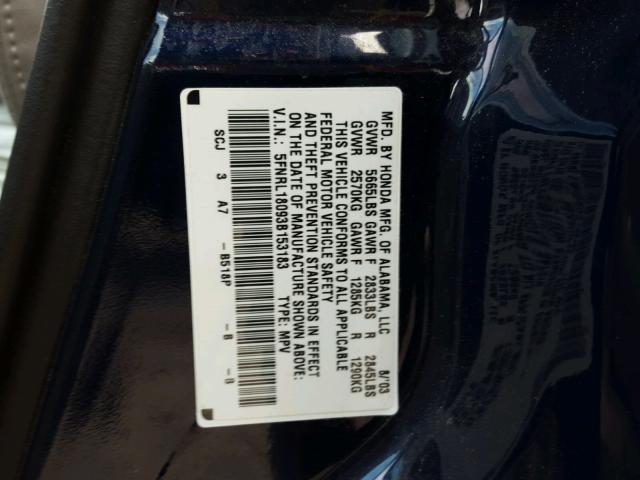 5FNRL18093B153183 - 2003 HONDA ODYSSEY EX BLUE photo 10