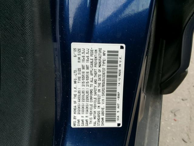 SHSRD78545U339737 - 2005 HONDA CR-V LX BLUE photo 10