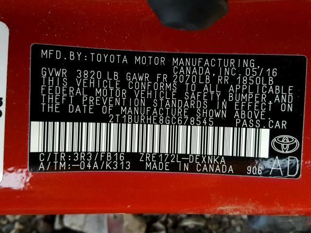 2T1BURHE8GC678545 - 2016 TOYOTA COROLLA L RED photo 10