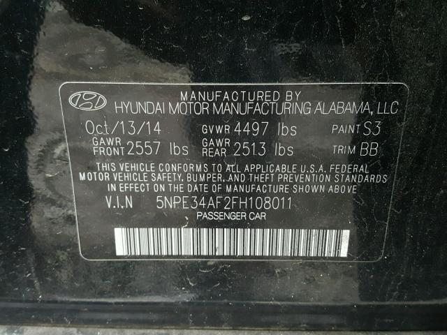 5NPE34AF2FH108011 - 2015 HYUNDAI SONATA SPO BLACK photo 10