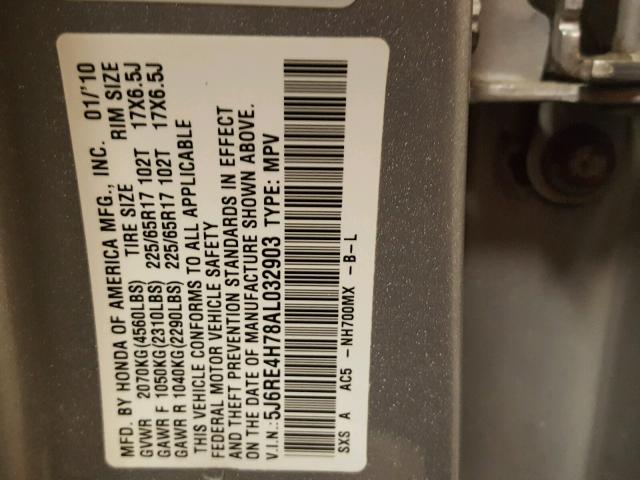 5J6RE4H78AL032903 - 2010 HONDA CR-V EXL SILVER photo 10