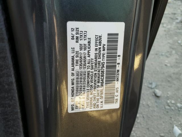 5FNRL5H64CB087945 - 2012 HONDA ODYSSEY EX GRAY photo 10