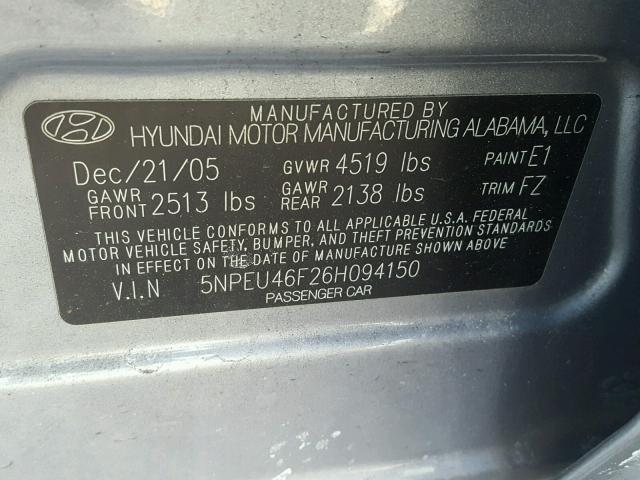 5NPEU46F26H094150 - 2006 HYUNDAI SONATA GLS GRAY photo 10