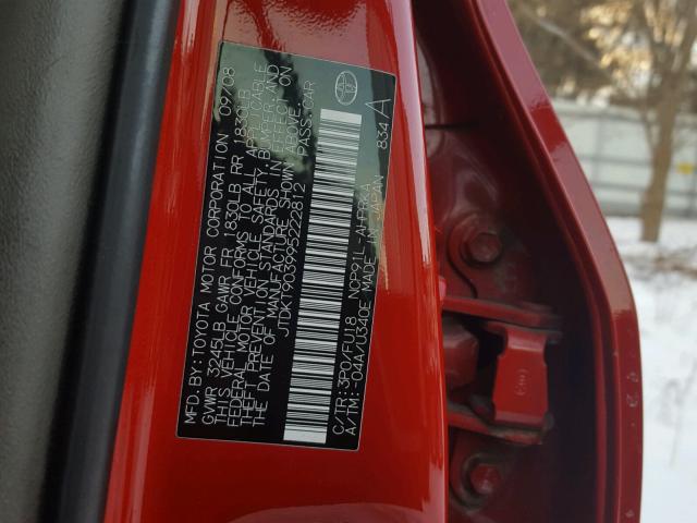 JTDKT903995222812 - 2009 TOYOTA YARIS RED photo 10