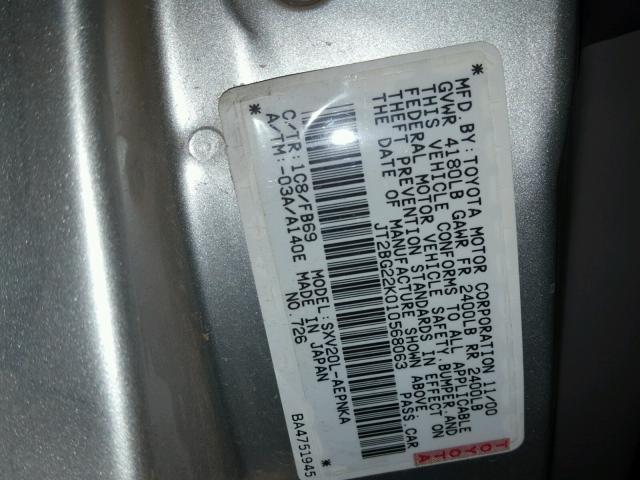 JT2BG22K010568063 - 2001 TOYOTA CAMRY CE SILVER photo 10