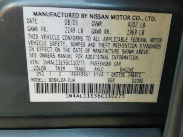 1N4AL11E56C110275 - 2006 NISSAN ALTIMA S GREEN photo 10