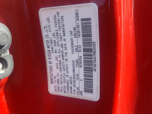 JN1BZ36A07M650565 - 2007 NISSAN 350Z ROADS RED photo 10