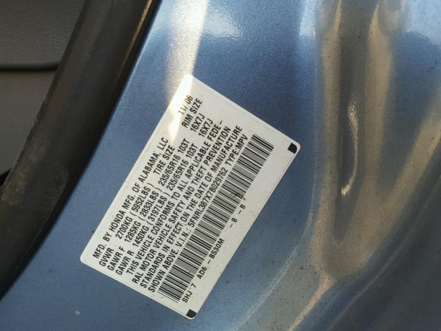 5FNRL387X7B029762 - 2007 HONDA ODYSSEY EX BLUE photo 10