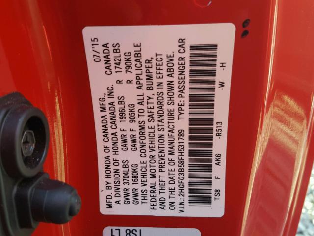 2HGFG3B58FH531789 - 2015 HONDA CIVIC LX RED photo 10