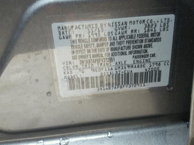 3N1AB7AP8FY372951 - 2015 NISSAN SENTRA S GRAY photo 10