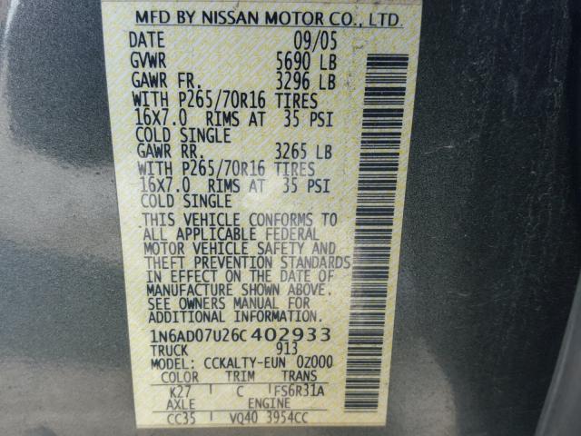 1N6AD07U26C402933 - 2006 NISSAN FRONTIER C GRAY photo 10