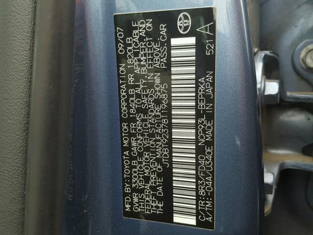 JTDBT923781196875 - 2008 TOYOTA YARIS BLUE photo 10