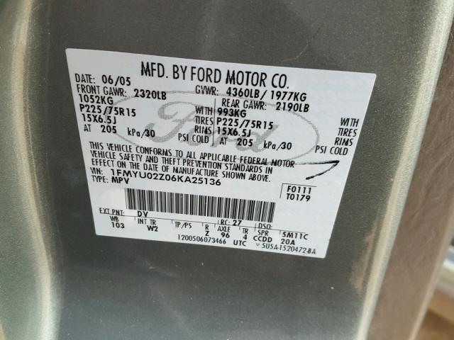 1FMYU02Z06KA25136 - 2006 FORD ESCAPE XLS GRAY photo 10