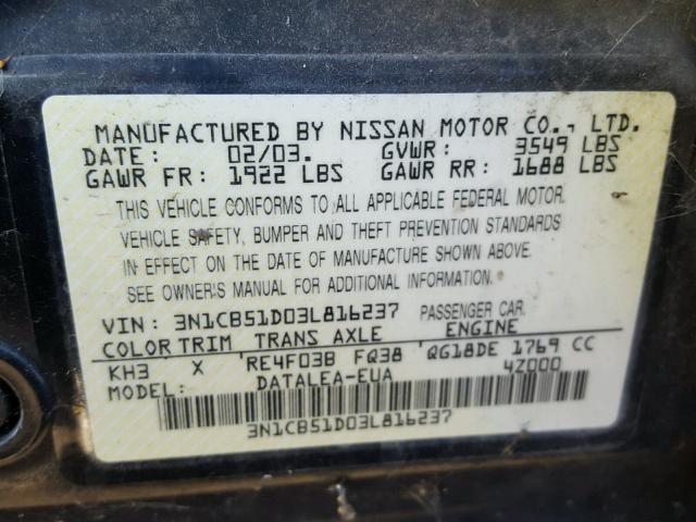 3N1CB51D03L816237 - 2003 NISSAN SENTRA XE BLACK photo 10