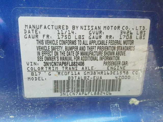 3N1CN7AP6FL882406 - 2015 NISSAN VERSA BLUE photo 10