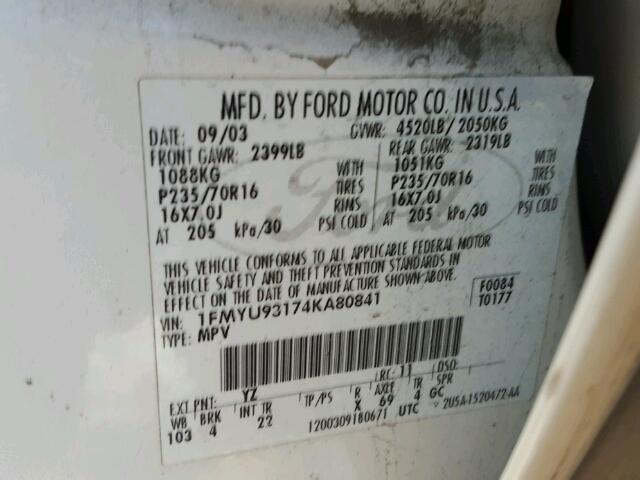 1FMYU93174KA80841 - 2004 FORD ESCAPE XLT WHITE photo 10