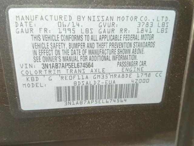 3N1AB7AP5EL674564 - 2014 NISSAN SENTRA S GRAY photo 10