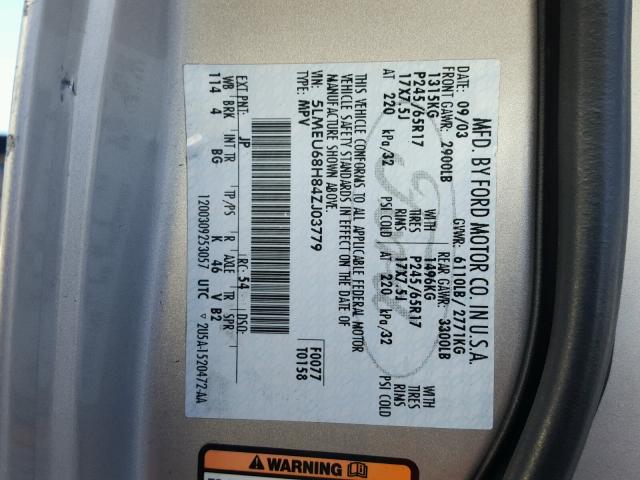 5LMEU68H84ZJ03779 - 2004 LINCOLN AVIATOR 银色 照片 10