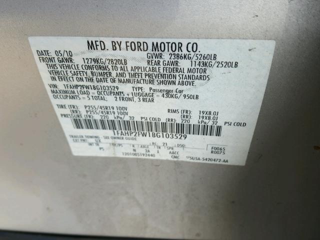 1FAHP2FW1BG103529 - 2011 FORD TAURUS LIM SILVER photo 10