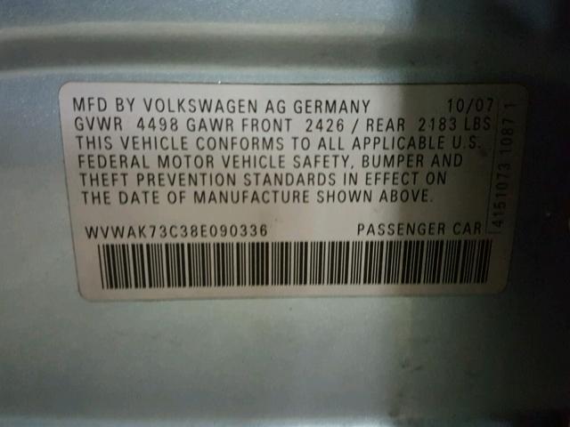 WVWAK73C38E090336 - 2008 VOLKSWAGEN PASSAT KOM BLUE photo 10