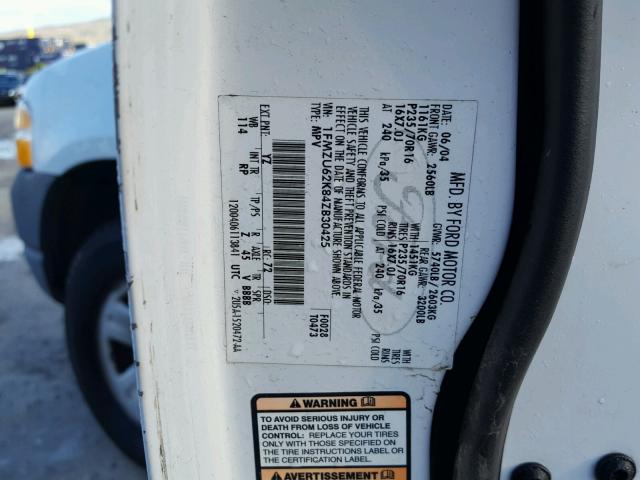 1FMZU62K84ZB30425 - 2004 FORD EXPLORER X WHITE photo 10