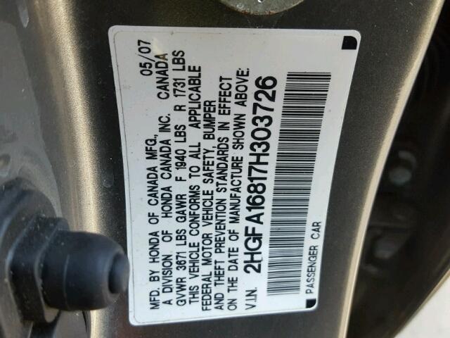 2HGFA16817H303726 - 2007 HONDA CIVIC EX ნაცრისფერი ფოტო 10