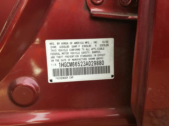 1HGCM66523A029880 - 2003 HONDA ACCORD EX RED photo 10