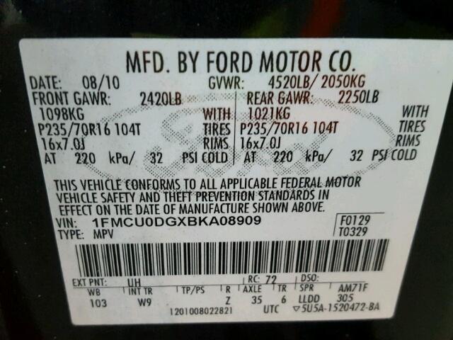 1FMCU0DGXBKA08909 - 2011 FORD ESCAPE XLT BLACK photo 10