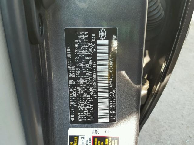 4T1BE46K99U874147 - 2009 TOYOTA CAMRY BASE GRAY photo 10