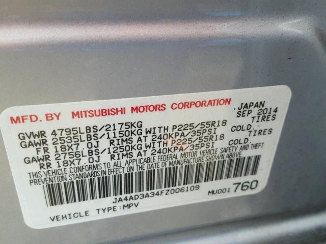 JA4AD3A34FZ006109 - 2015 MITSUBISHI OUTLANDER SILVER photo 10