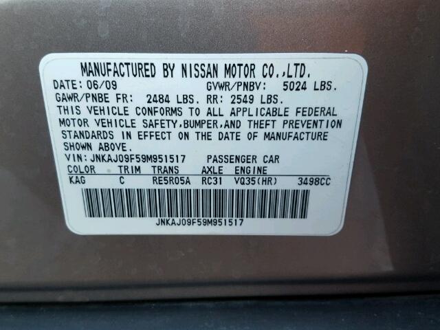 JNKAJ09F59M951517 - 2009 INFINITI EX35 BASE TAN photo 10