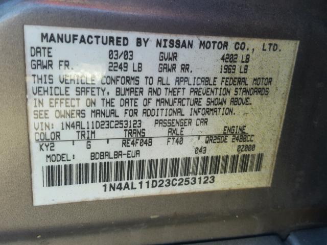 1N4AL11D23C253123 - 2003 NISSAN ALTIMA BAS BROWN photo 10