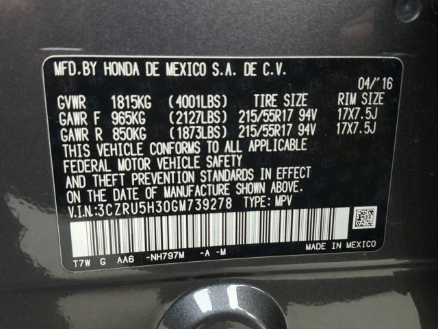 3CZRU5H30GM739278 - 2016 HONDA HR-V LX GRAY photo 10