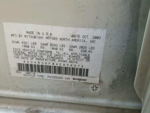 4A3AB36F04E050978 - 2004 MITSUBISHI GALANT ES WHITE photo 10