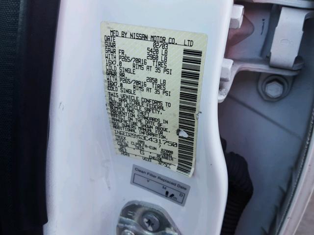 1N6ED29Y63C431750 - 2003 NISSAN FRONTIER C WHITE photo 10