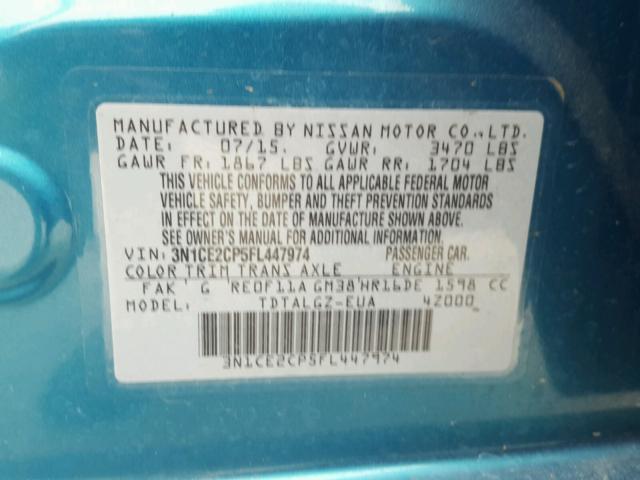 3N1CE2CP5FL447974 - 2015 NISSAN VERSA NOTE TURQUOISE photo 10