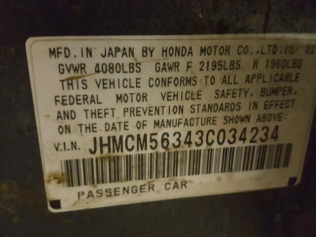 JHMCM56343C034234 - 2003 HONDA ACCORD LX GRAY photo 10