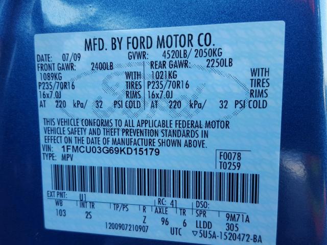 1FMCU03G69KD15179 - 2009 FORD ESCAPE XLT BLUE photo 10