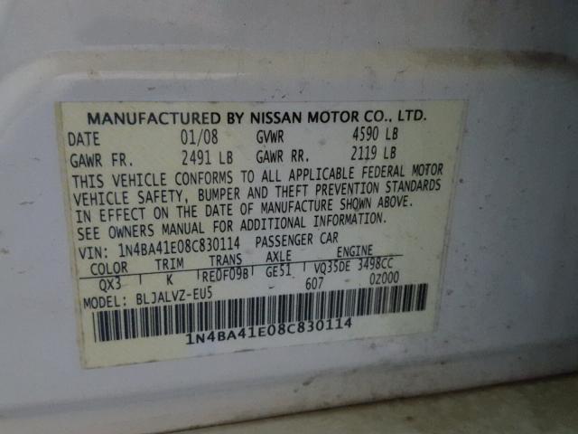 1N4BA41E08C830114 - 2008 NISSAN MAXIMA SE WHITE photo 10