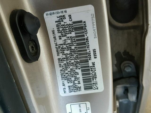 4T1BF30K22U011843 - 2002 TOYOTA CAMRY LE GOLD photo 10