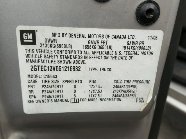 2GTEC13V661216832 - 2006 GMC NEW SIERRA SILVER photo 10