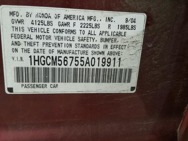 1HGCM56755A019911 - 2005 HONDA ACCORD EX BURGUNDY photo 10